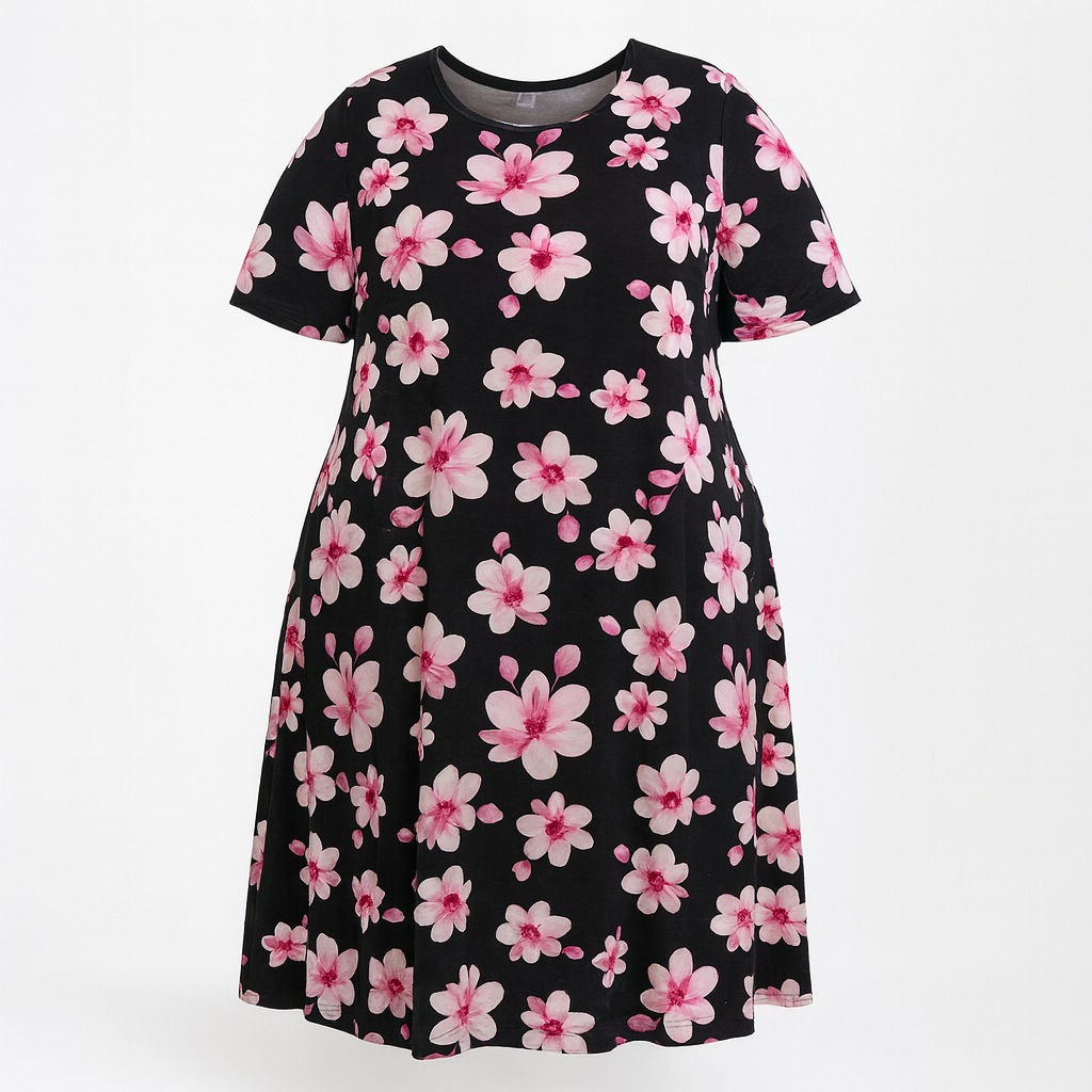 ROBE NOIR FLEURS ROSE
