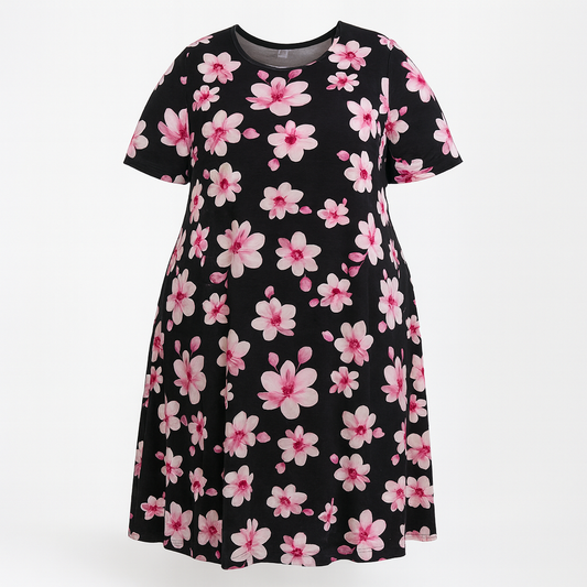 ROBE NOIR FLEURS ROSE